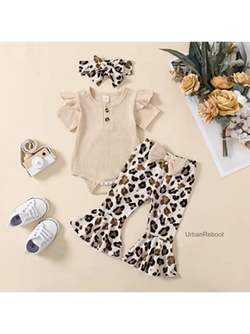 Baby Girl Cotton Romper Set with Leopard Flared Pants and Headband